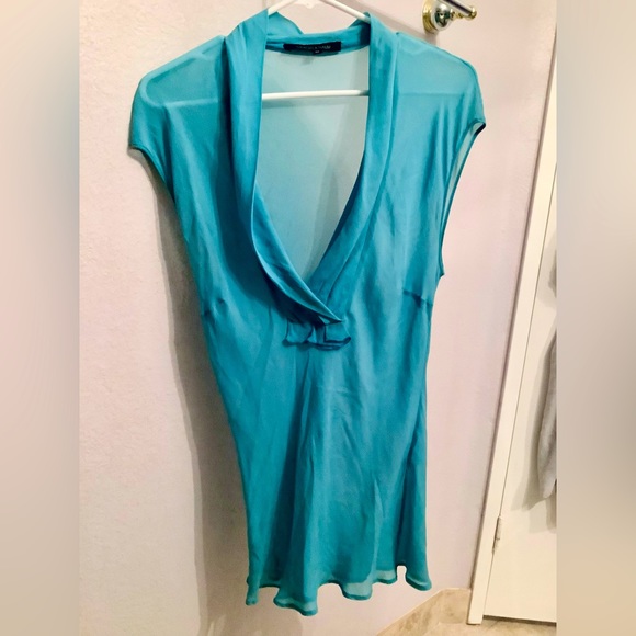 Sheer Silk Turquoise V-Neck Blouse, Women’s Size M - Picture 11 of 12